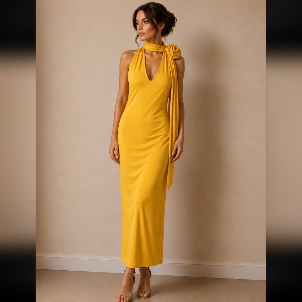 SHEIN Mustard Yellow Halter Maxi Dress with Neck Rosette